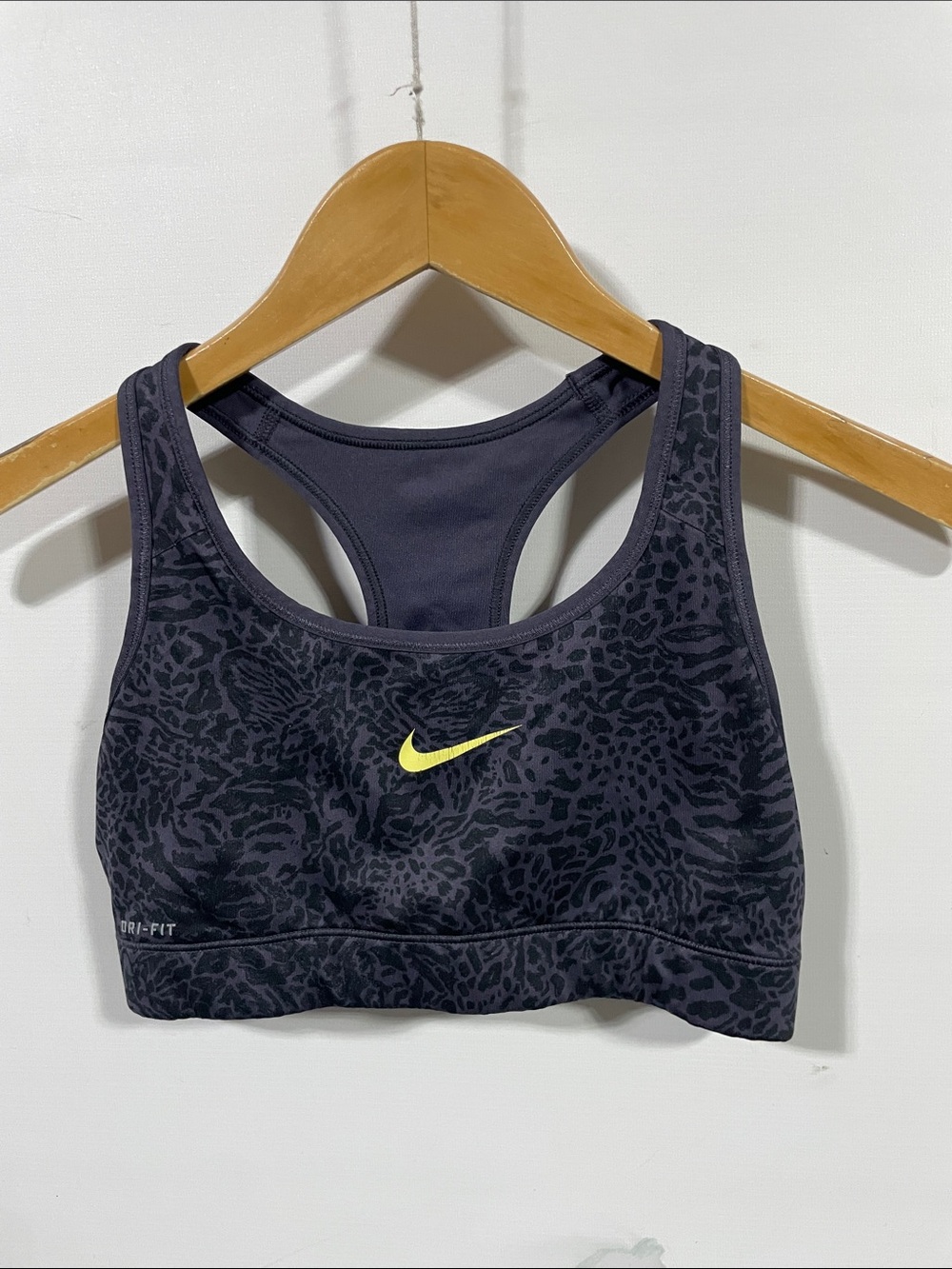Nike Black Gray Animal Print Sports Bra with Yellow Swoosh